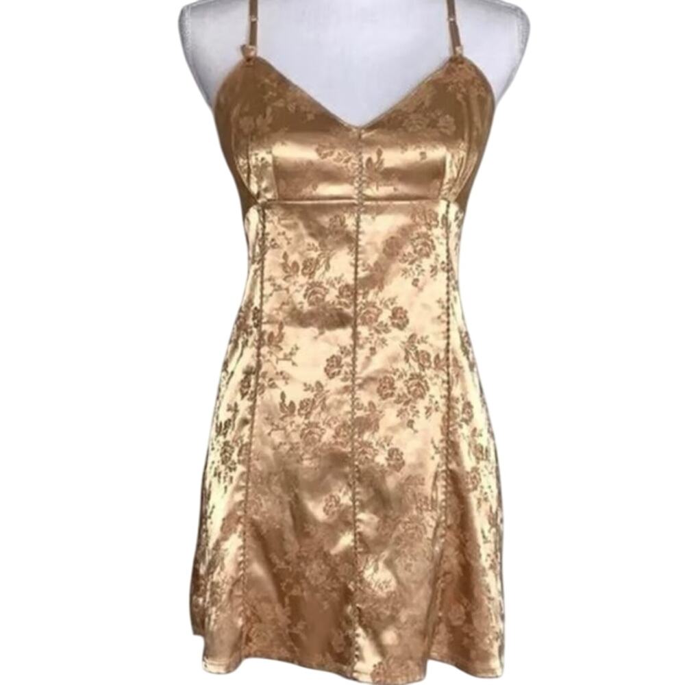 Vintage Victoria Secret 90s Gold Slip Mini Dress Womens M Corset Back Floral Y2K